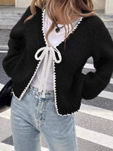 Full Size Chic Tie-Front Contrast-Trim Cardigan Plus Size - Trendsi - Flyclothing LLC