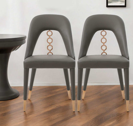 Set of Two Gray Faux Leather Dining Side Chairs With Rose Gold Accents - Homeroots - Flyclothing LLC