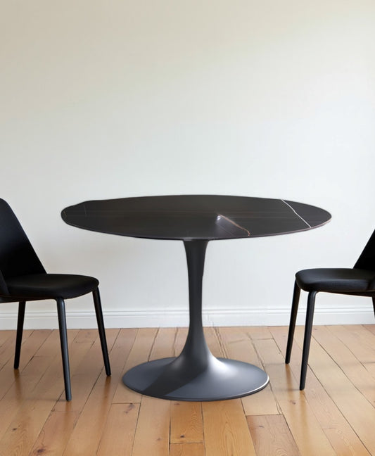 47" Black Rounded Ceramic And Metal Pedestal Base Dining Table - Homeroots