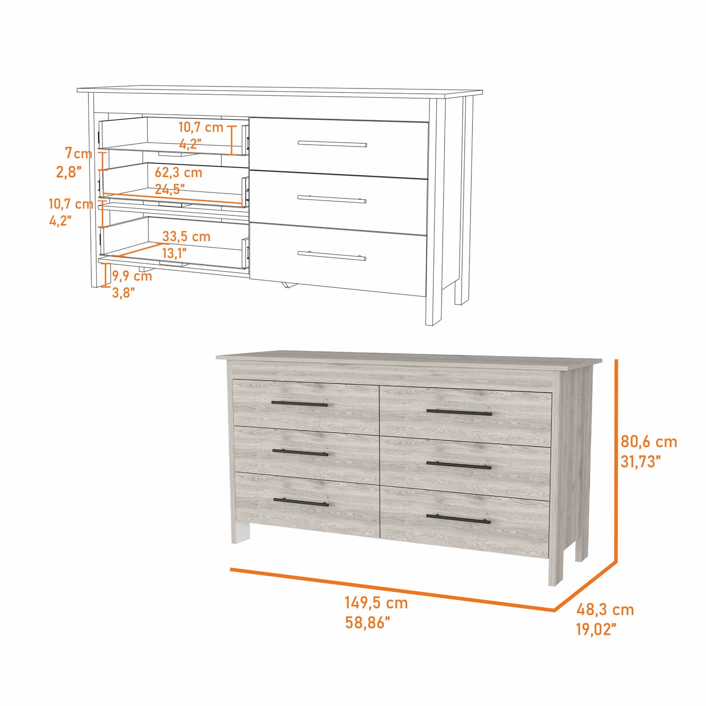 32" Light Gray Six Drawer Double Dresser - Homeroots - Flyclothing LLC