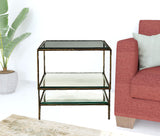 20" Bronze And Clear Glass And Iron Square End Table With Two Shelves - Homeroots