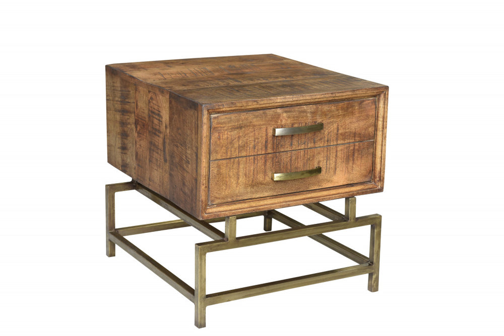 21" Brass And Brown Solid Wood And Iron Square End Table With Drawer - Homeroots - Flyclothing LLC