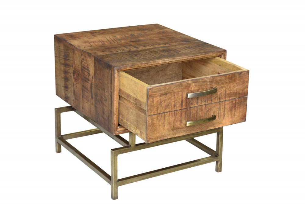 21" Brass And Brown Solid Wood And Iron Square End Table With Drawer - Homeroots - Flyclothing LLC
