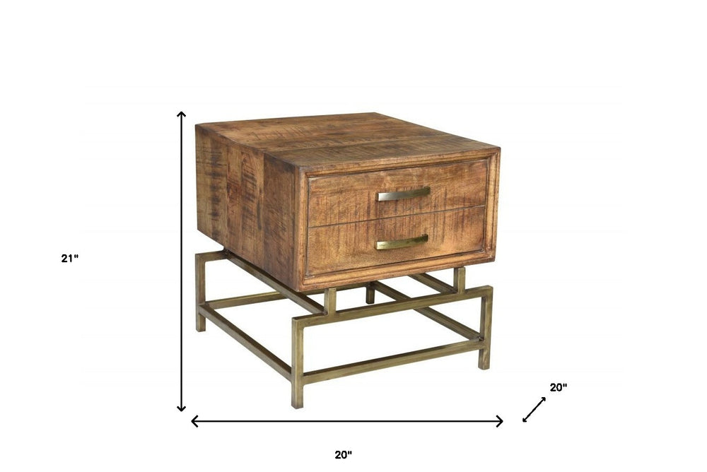 21" Brass And Brown Solid Wood And Iron Square End Table With Drawer - Homeroots - Flyclothing LLC