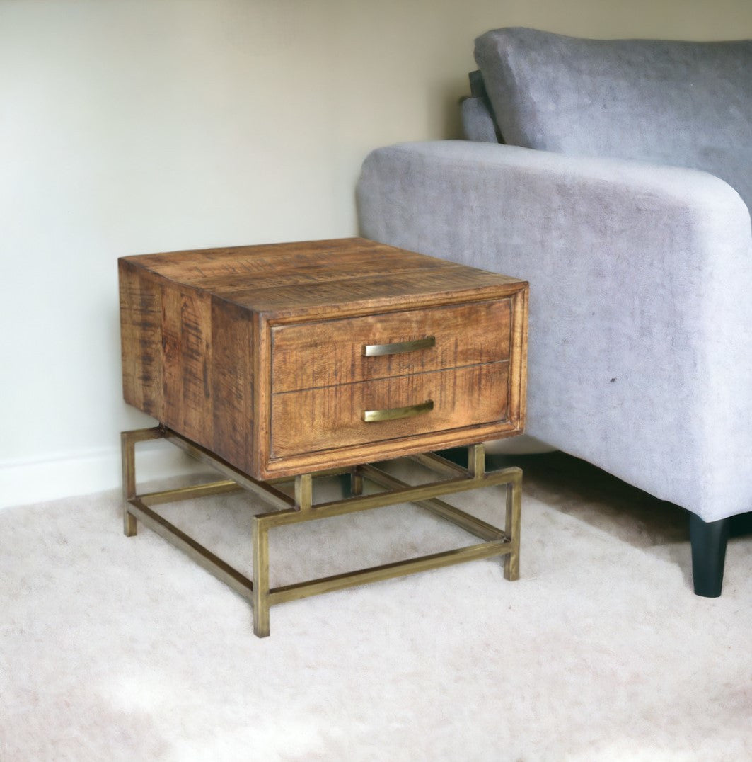 21" Brass And Brown Solid Wood And Iron Square End Table With Drawer - Homeroots - Flyclothing LLC
