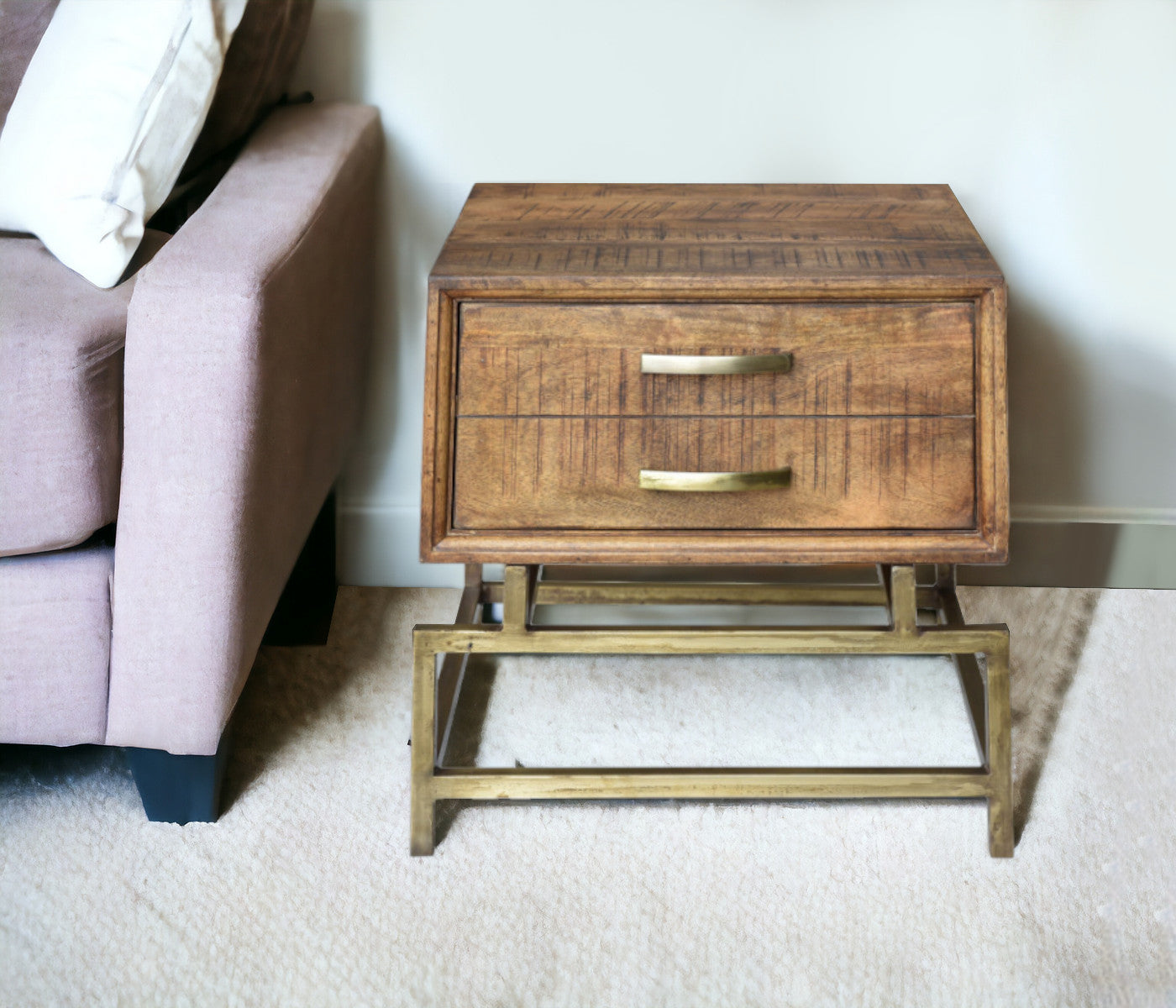 21" Brass And Brown Solid Wood And Iron Square End Table With Drawer - Homeroots - Flyclothing LLC