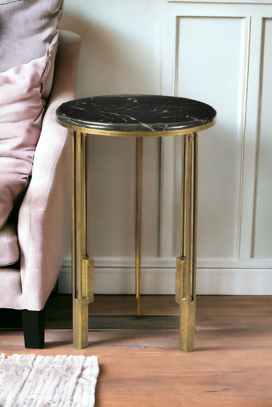 23" Gold And Black Marble And Iron Round End Table - Homeroots