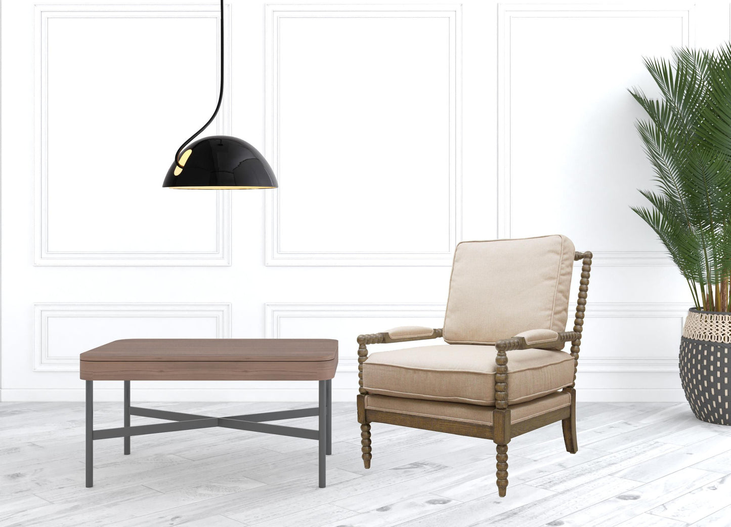 25" Ivory Cushion And Natural Beaded Arm Chair - Homeroots - Flyclothing LLC