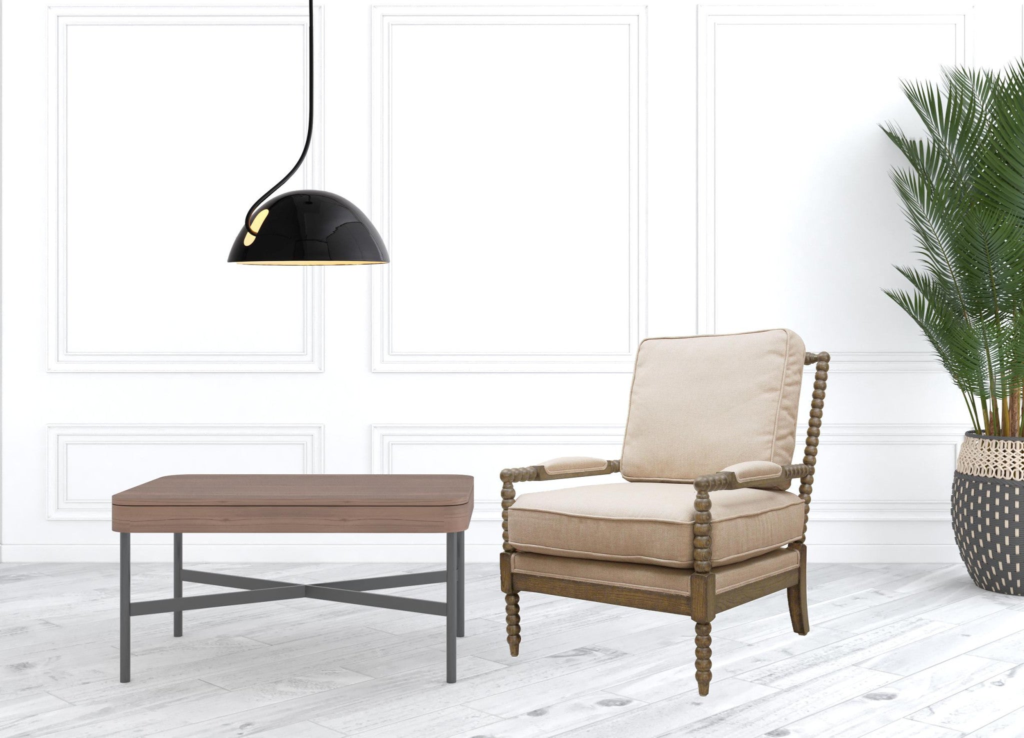 25" Ivory Cushion And Natural Beaded Arm Chair - Homeroots - Flyclothing LLC