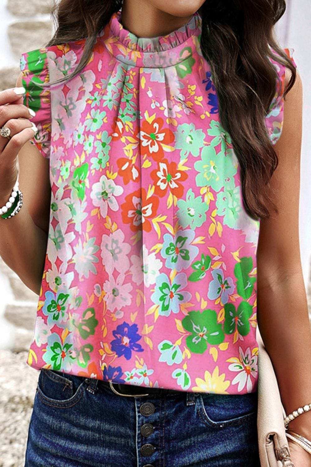 Ruffled Printed Mock Neck Cap Sleeve Blouse - Trendsi - Flyclothing LLC