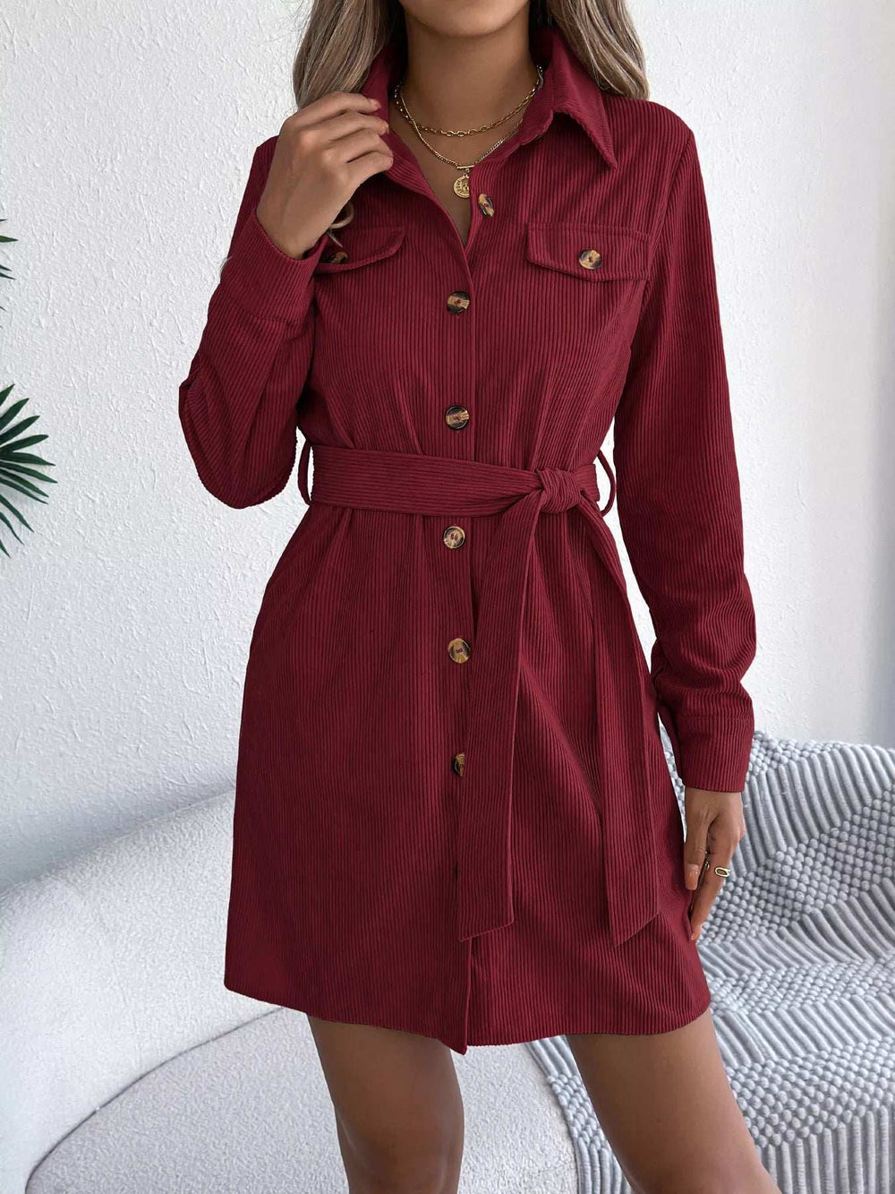 Button-Front Corduroy Shirt Dress - Trendsi - Flyclothing LLC