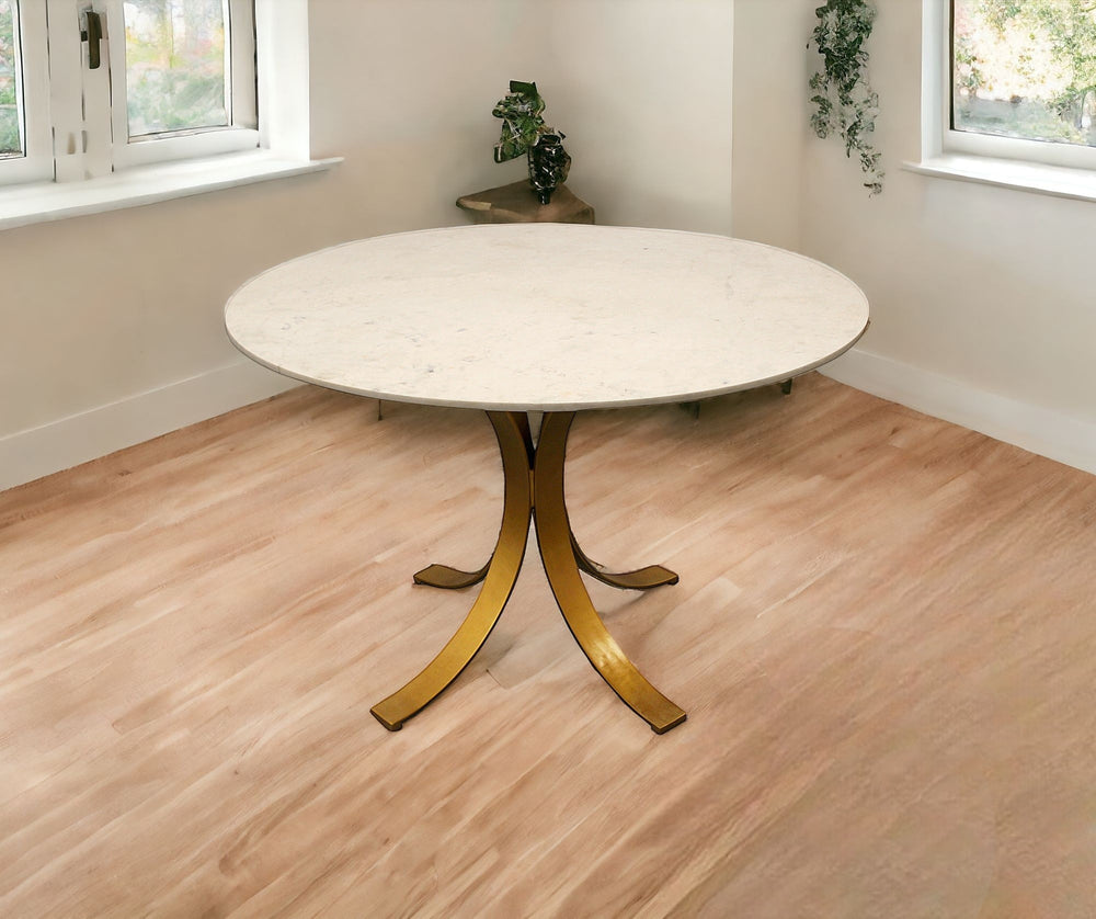 48" Ivory And Brass Rounded Marble And Iron Pedestal Base Dining Table - Homeroots