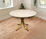 48" Ivory And Brass Rounded Marble And Iron Pedestal Base Dining Table - Homeroots