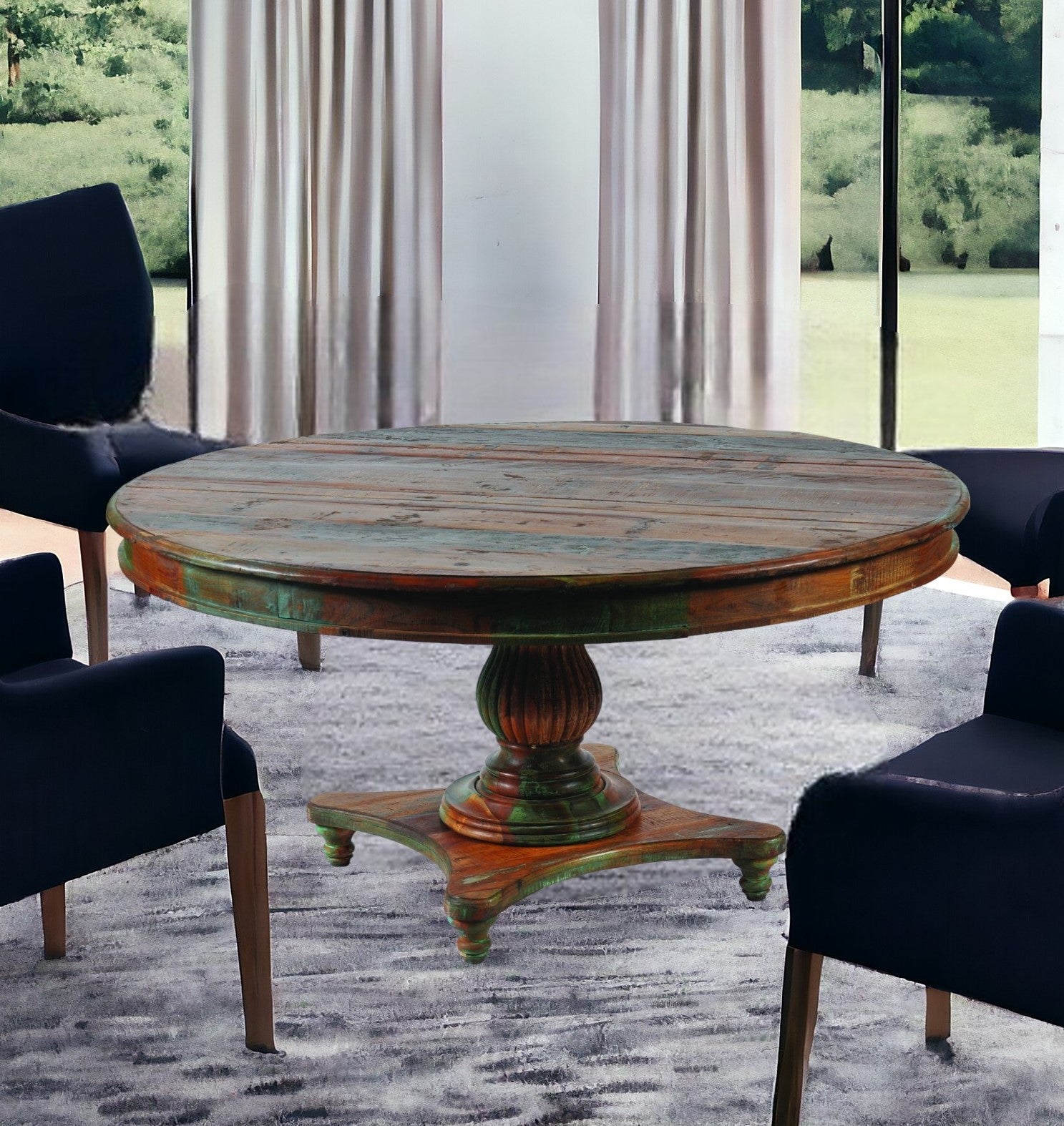 60" Brown Rounded Solid Wood Pedestal Base Dining Table - Homeroots - Flyclothing LLC