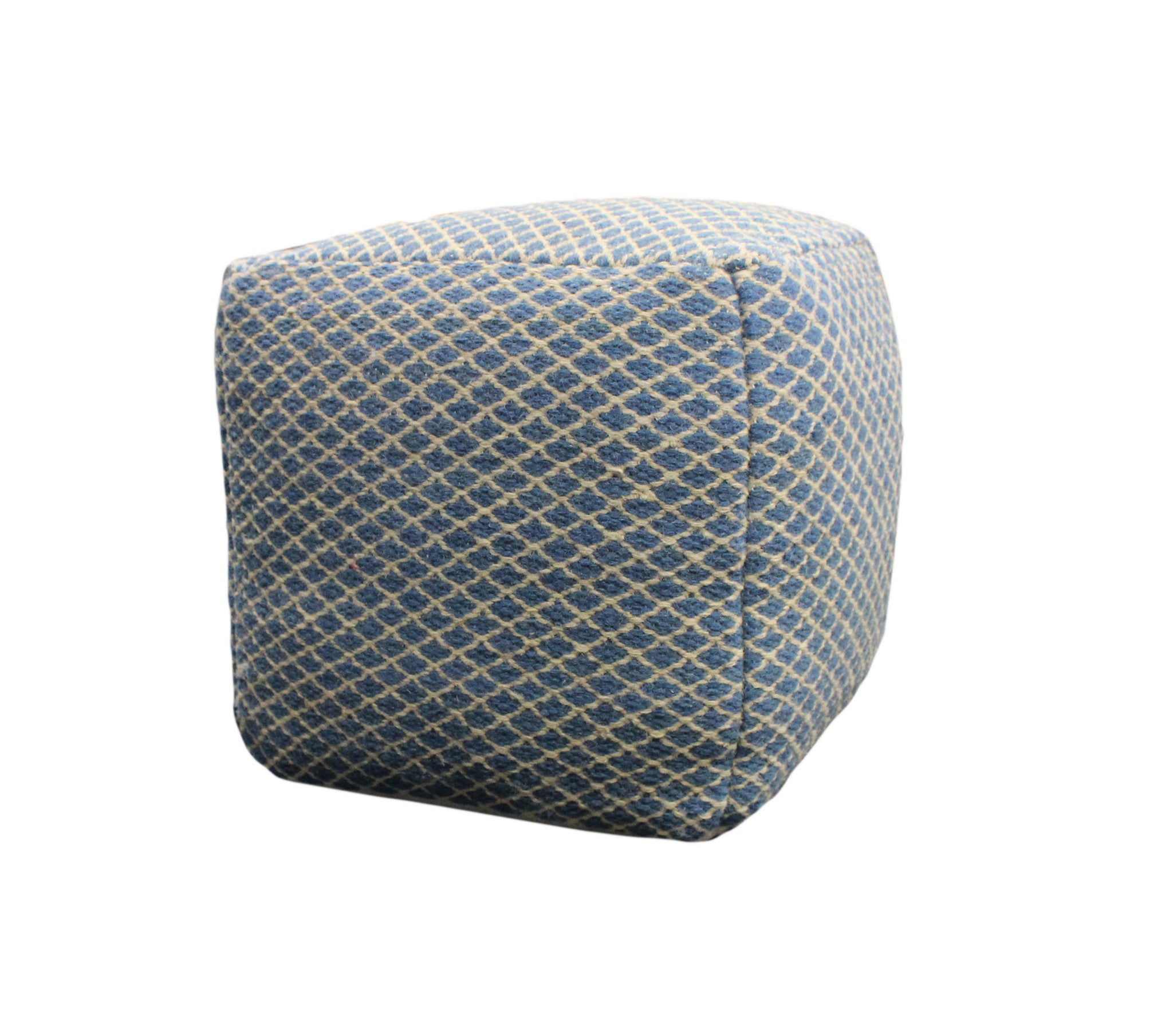 18" Blue and Beige Wool Cube Trellis Pouf Ottoman - Homeroots - Flyclothing LLC