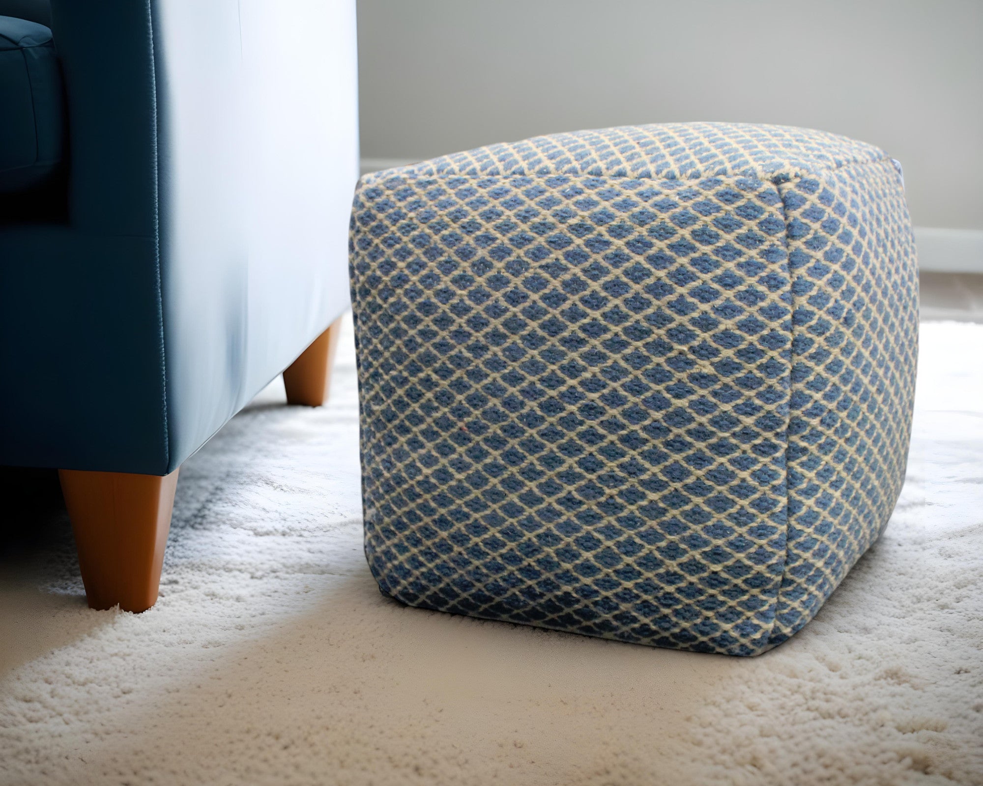 18" Blue and Beige Wool Cube Trellis Pouf Ottoman - Homeroots - Flyclothing LLC
