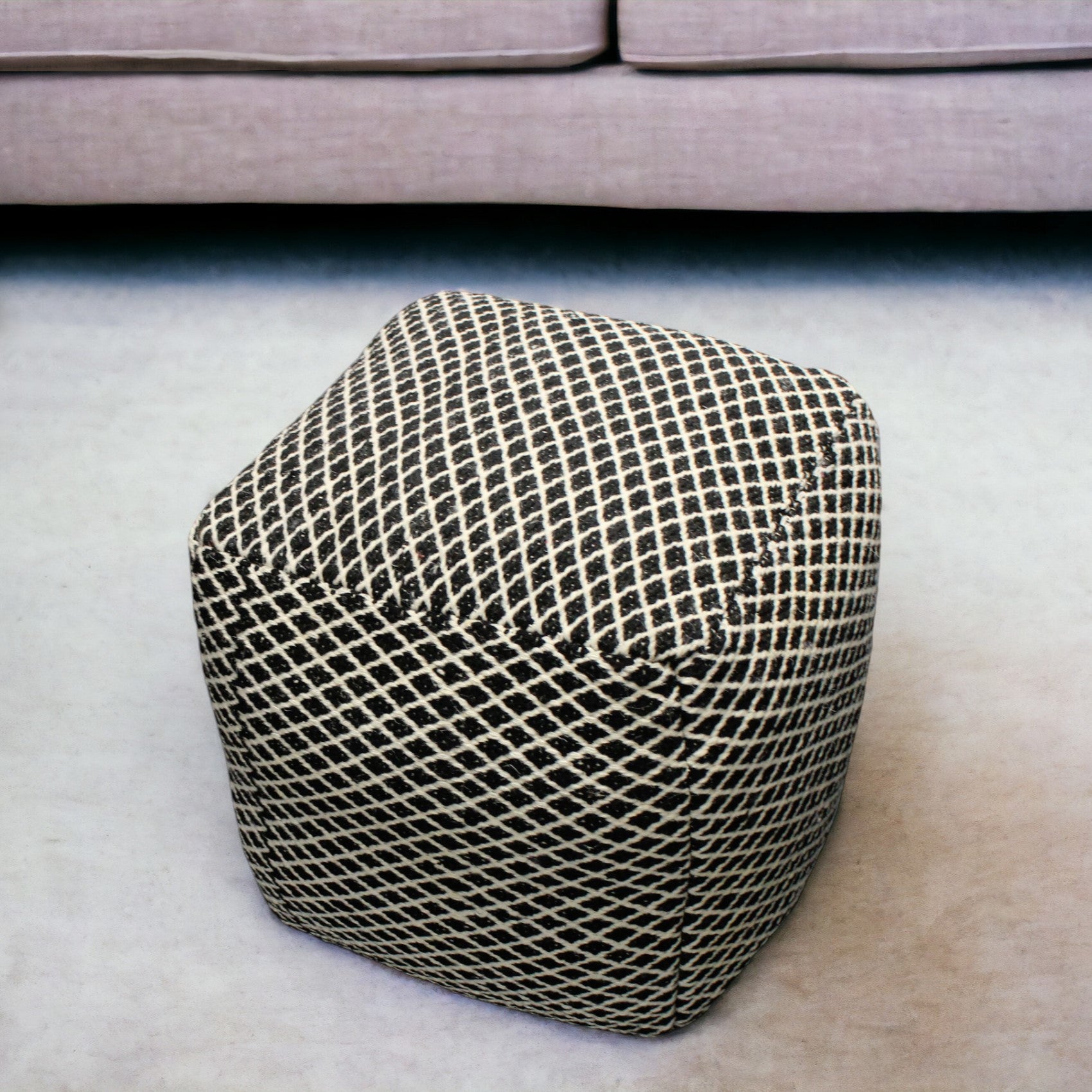18" Black and Ivory Wool Cube Geometric Pouf Ottoman - Homeroots - Flyclothing LLC