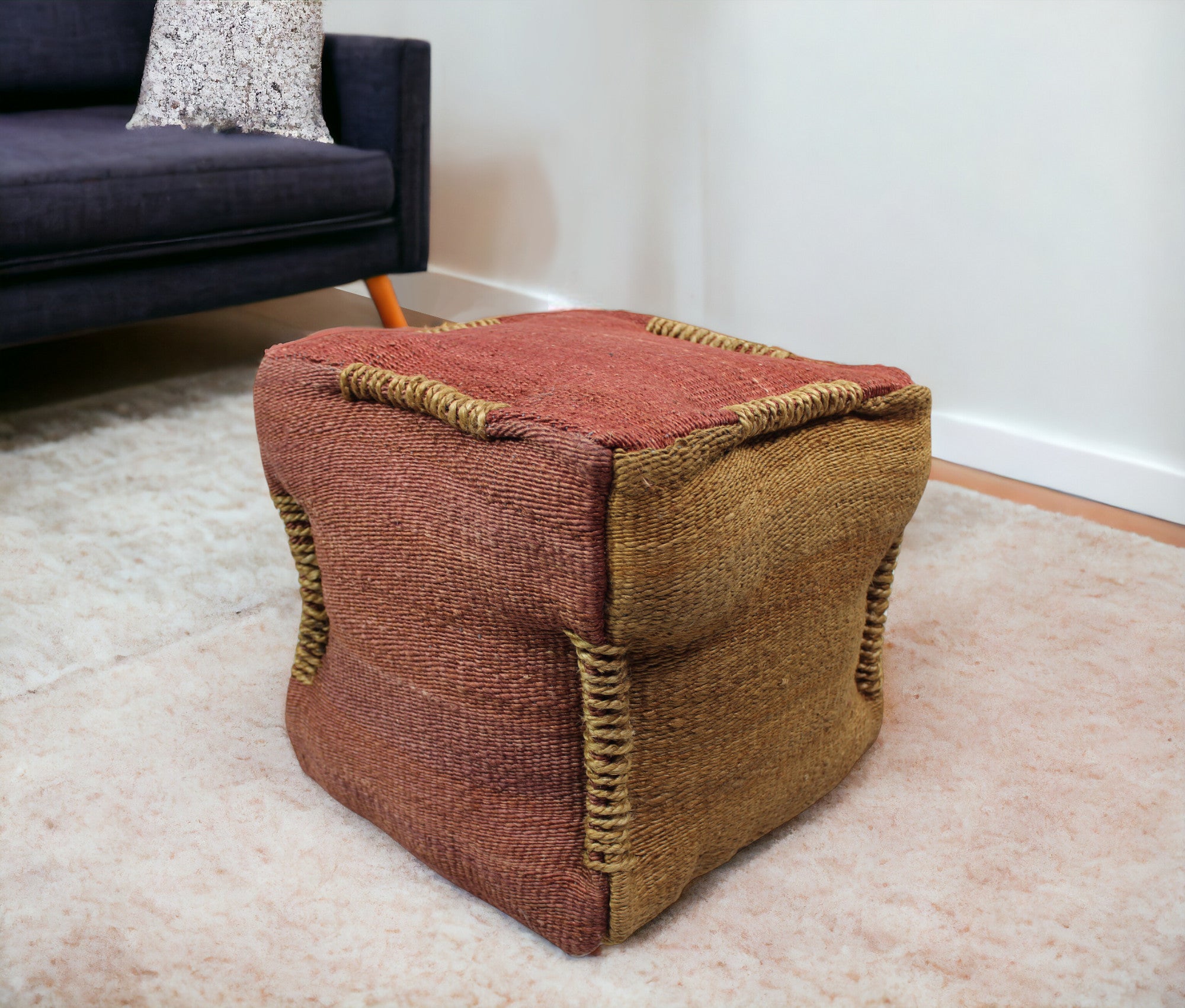 18" Pink and Orange Jute Cube Pouf Ottoman - Homeroots - Flyclothing LLC