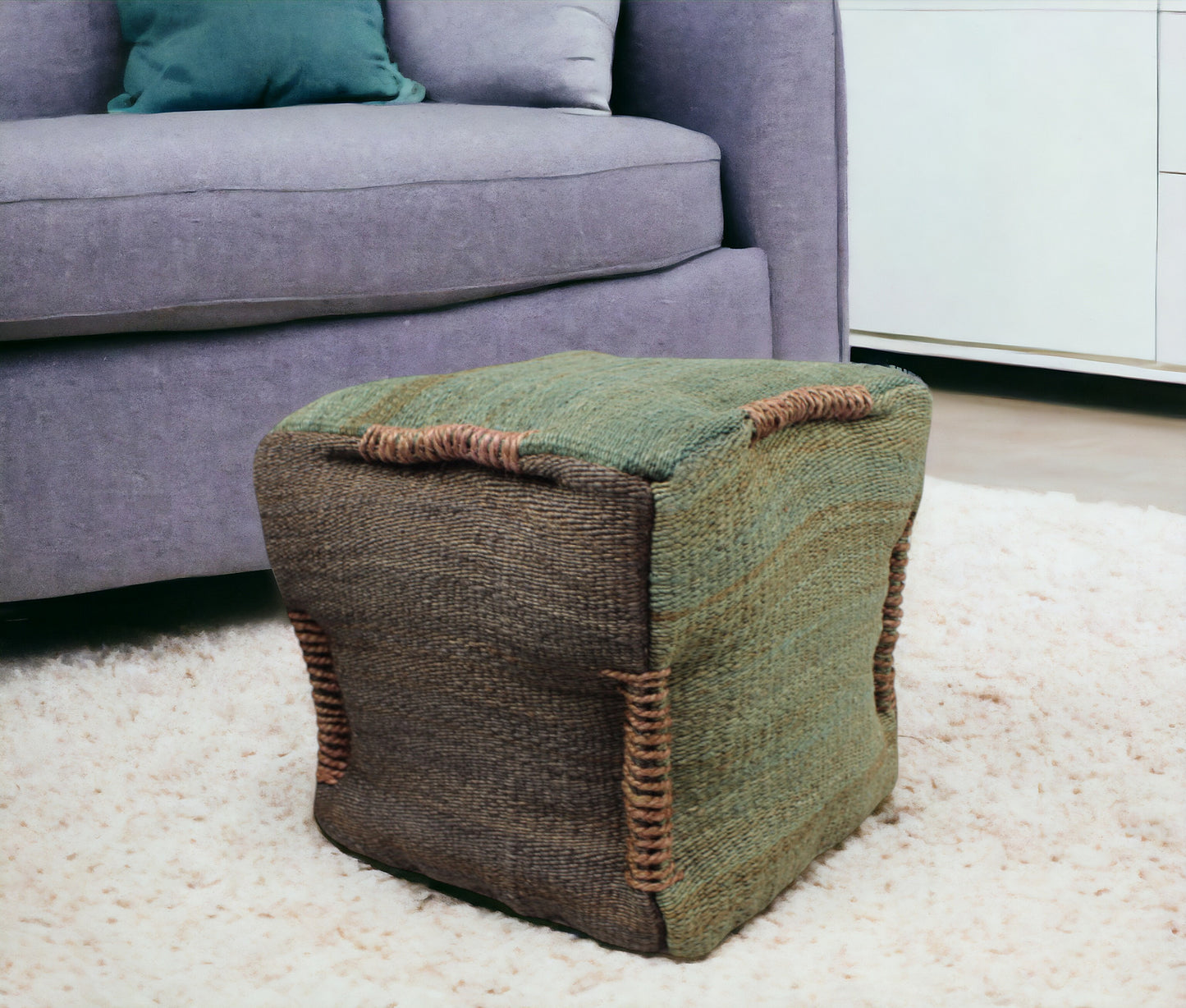 18" Green and Brown Jute Cube Pouf Ottoman - Homeroots - Flyclothing LLC