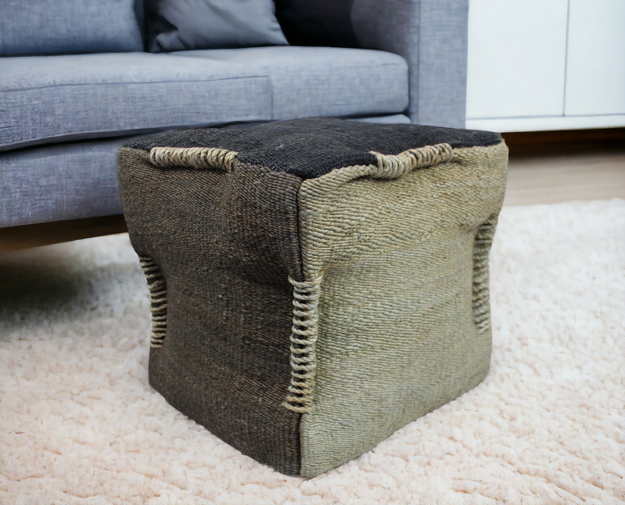 18" Black and Taupe Jute Cube Pouf Ottoman - Homeroots - Flyclothing LLC