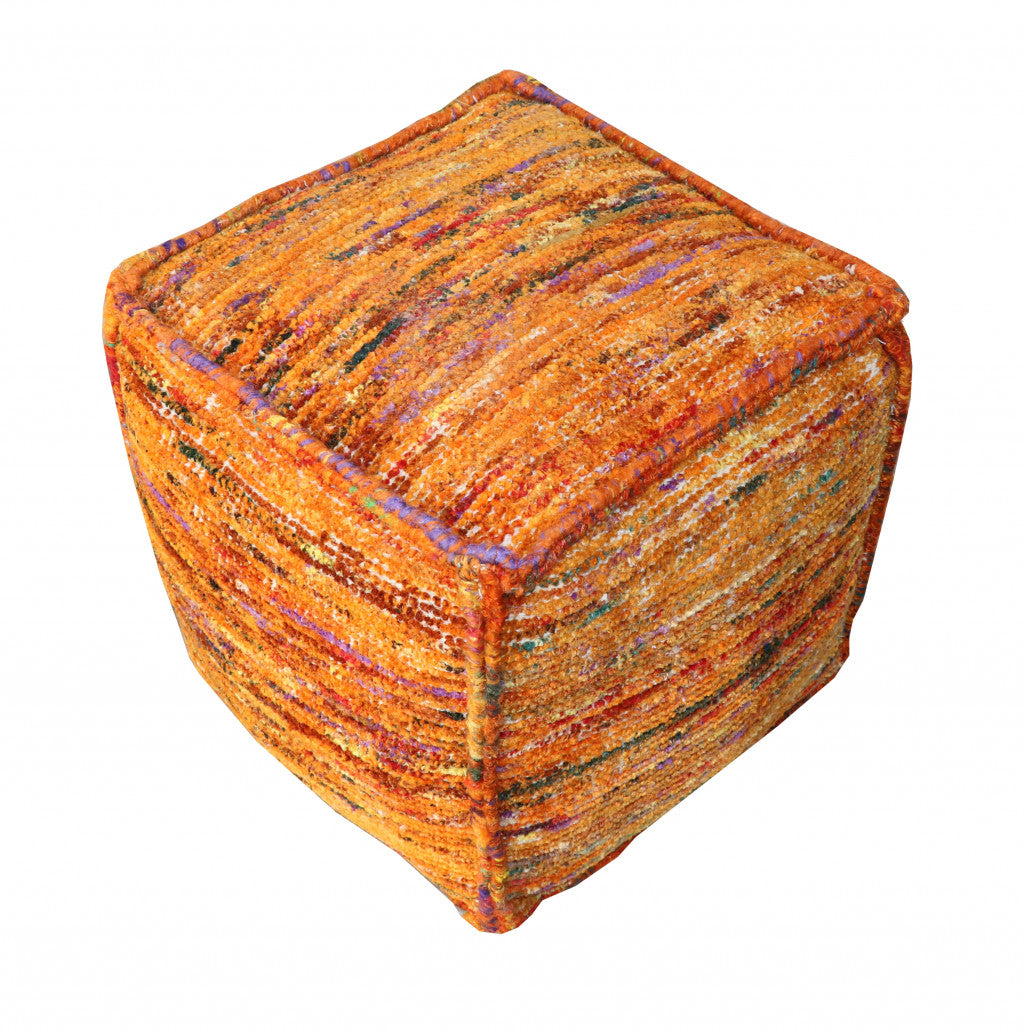 18" Orange Recycled Silk and Cotton Blend Cube Pouf Ottoman - Homeroots - Flyclothing LLC