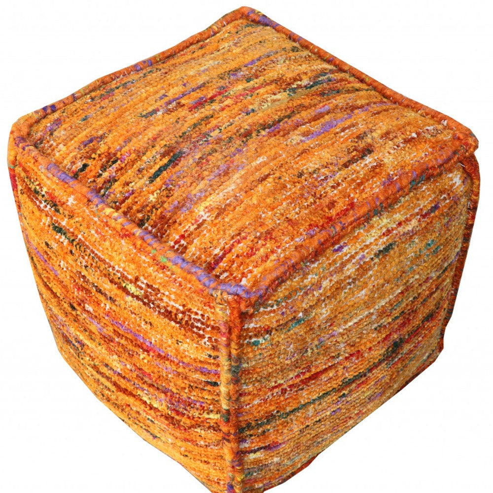 18" Orange Recycled Silk and Cotton Blend Cube Pouf Ottoman - Homeroots - Flyclothing LLC
