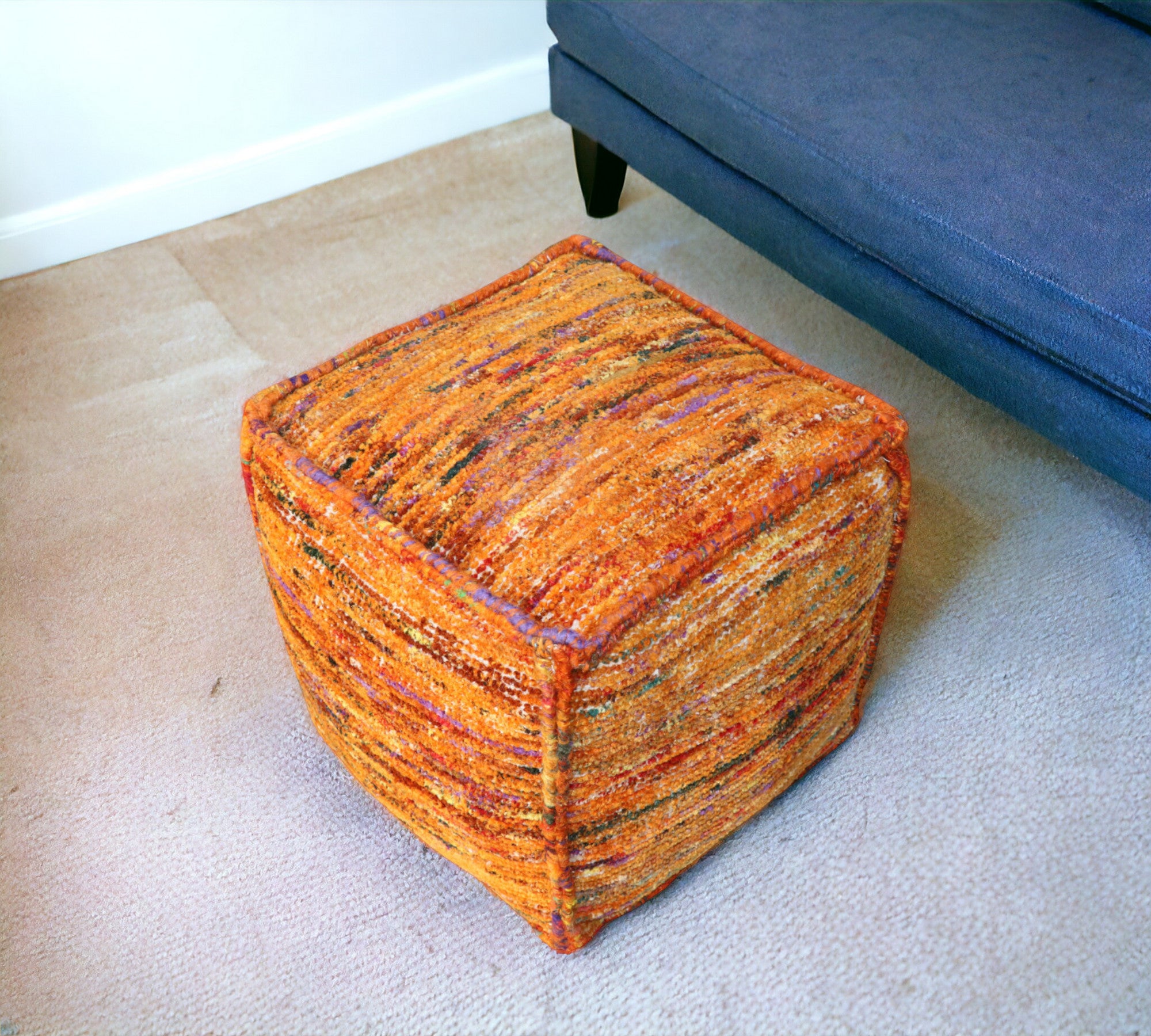 18" Orange Recycled Silk and Cotton Blend Cube Pouf Ottoman - Homeroots - Flyclothing LLC