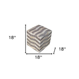 18" Gray and Beige Hair on Hide Cube Chevron Pouf Ottoman