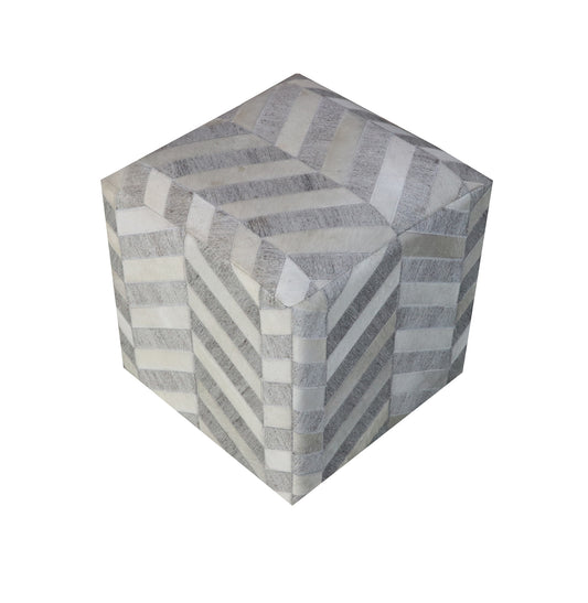 18" Gray and Ivory Hair on Hide Cube Chevron Pouf Ottoman - Homeroots