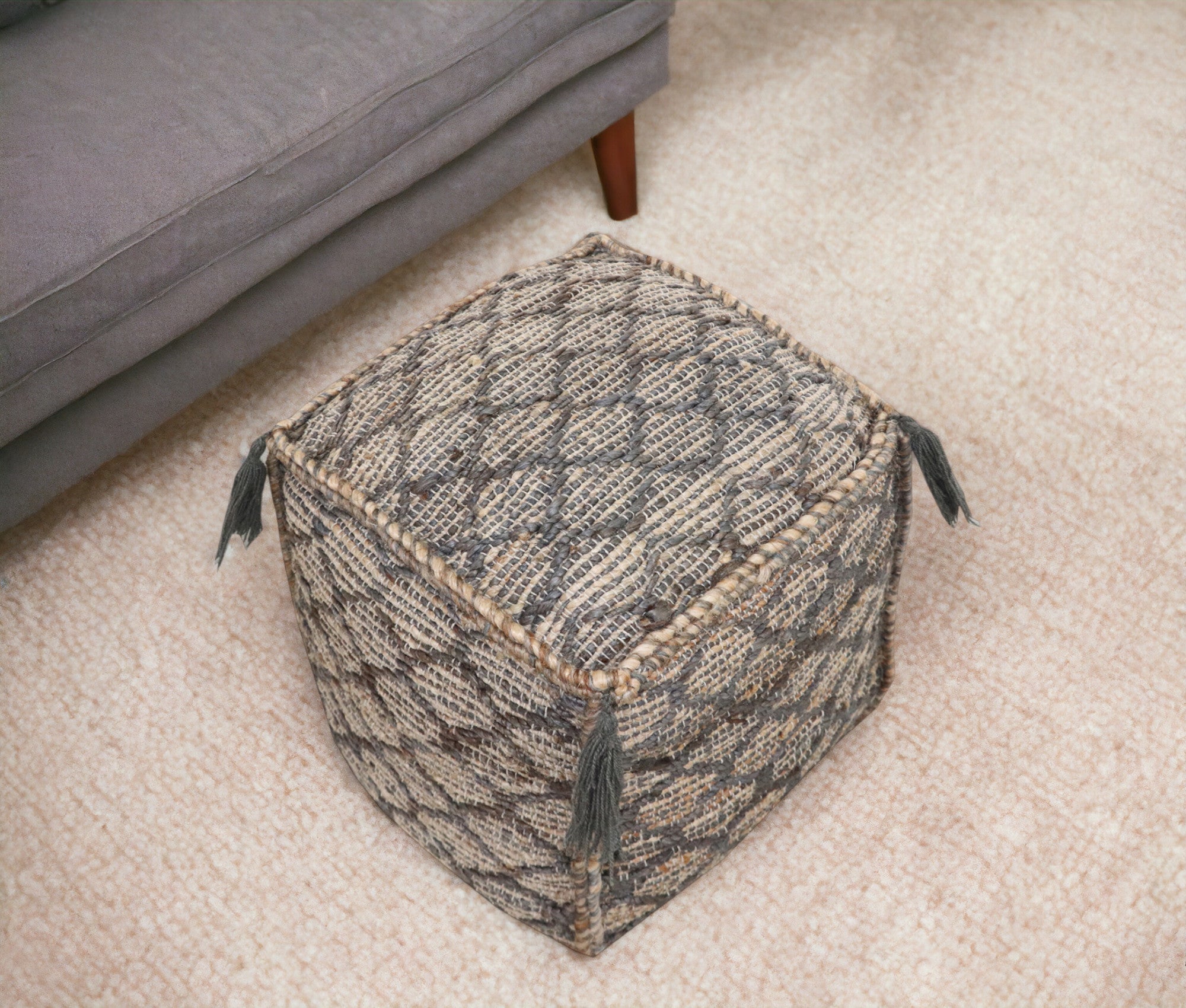 18" Natural Gray And Taupe Jute Cube Trellis Pouf Ottoman - Homeroots - Flyclothing LLC