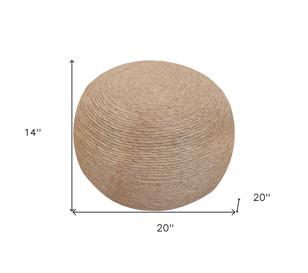 20" Beige Wool Round Ribbed Pouf Ottoman