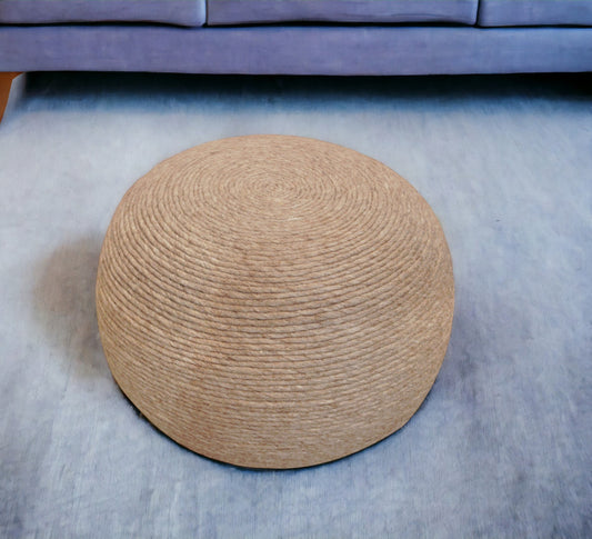 20" Beige Wool Round Ribbed Pouf Ottoman - Homeroots