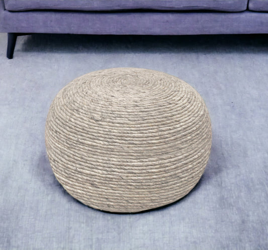 20" Gray Wool Round Ribbed Pouf Ottoman - Homeroots