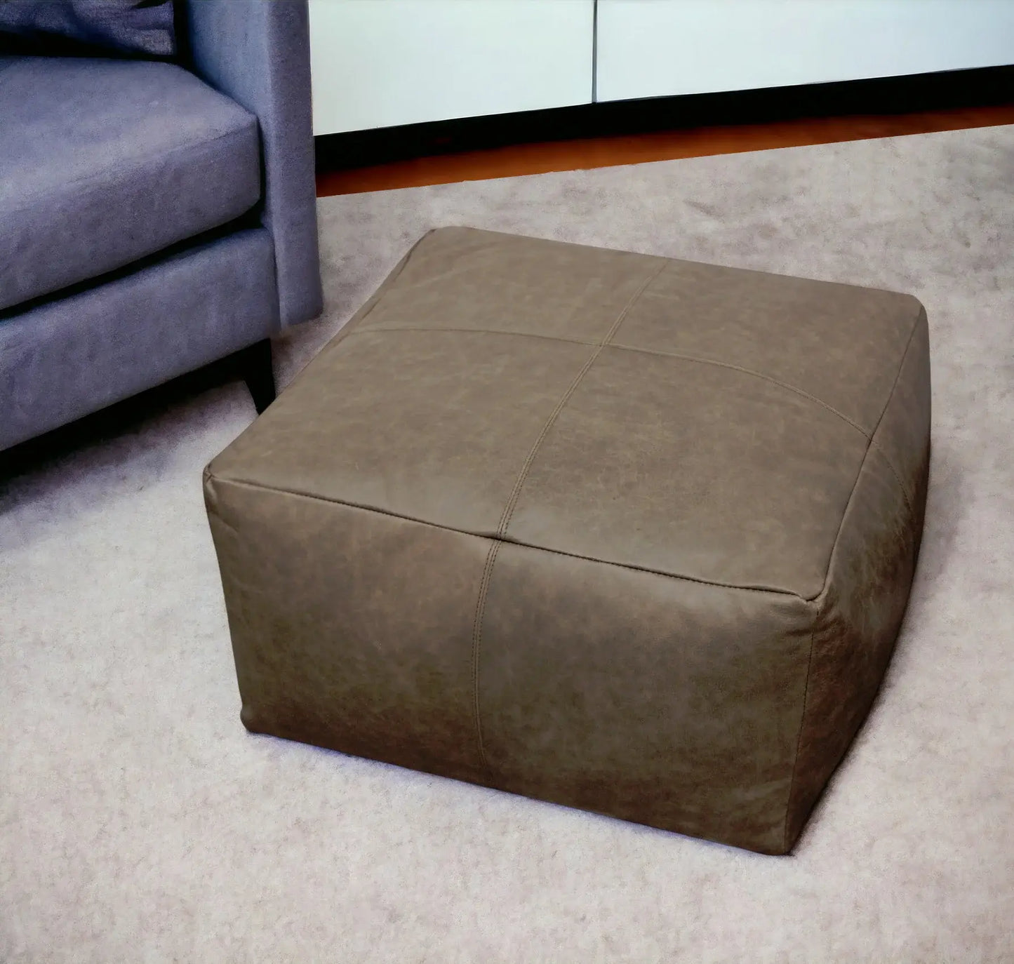 22" Gray Brown Distressed Leather Pouf Ottoman - Homeroots - Flyclothing LLC