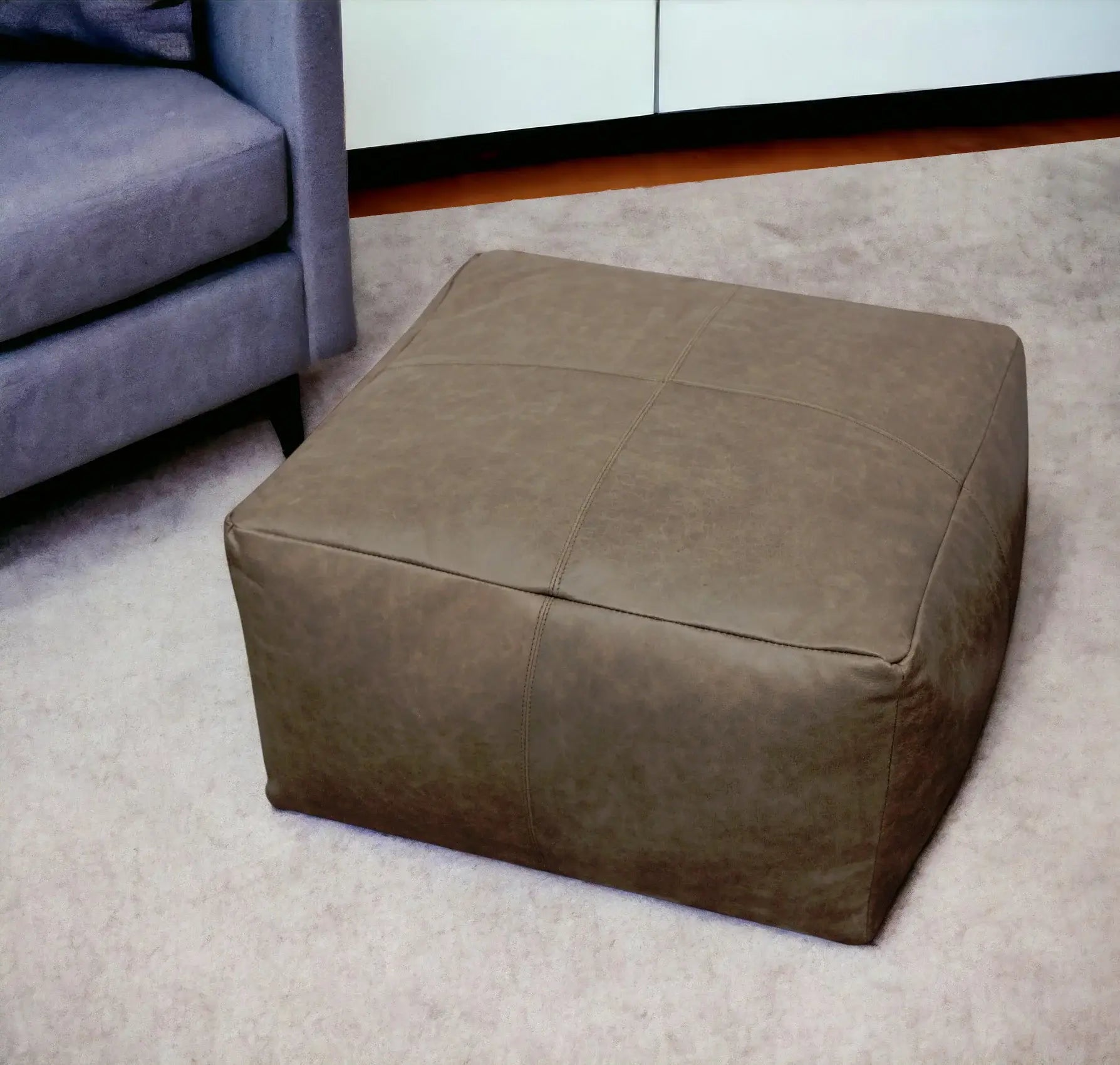 22" Gray Brown Distressed Leather Pouf Ottoman - Homeroots - Flyclothing LLC