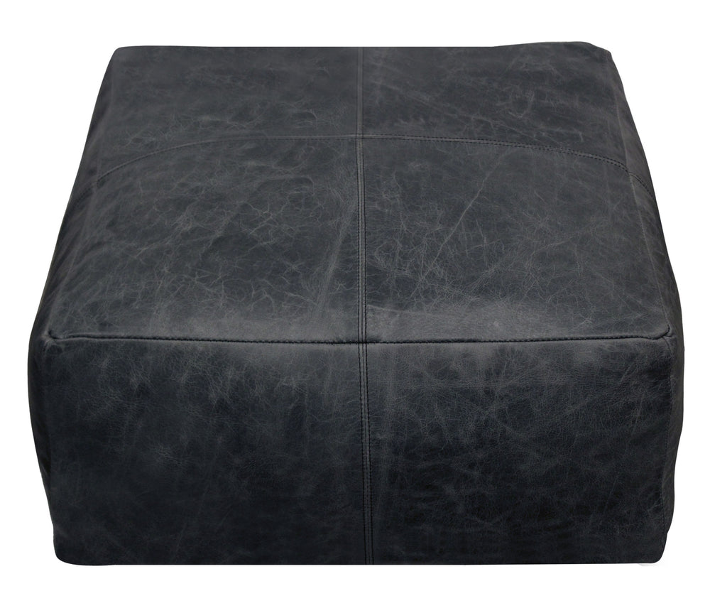 22" Black Distressed Leather Pouf Ottoman