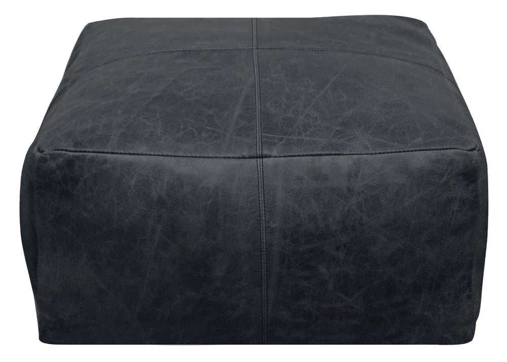 22" Black Distressed Leather Pouf Ottoman