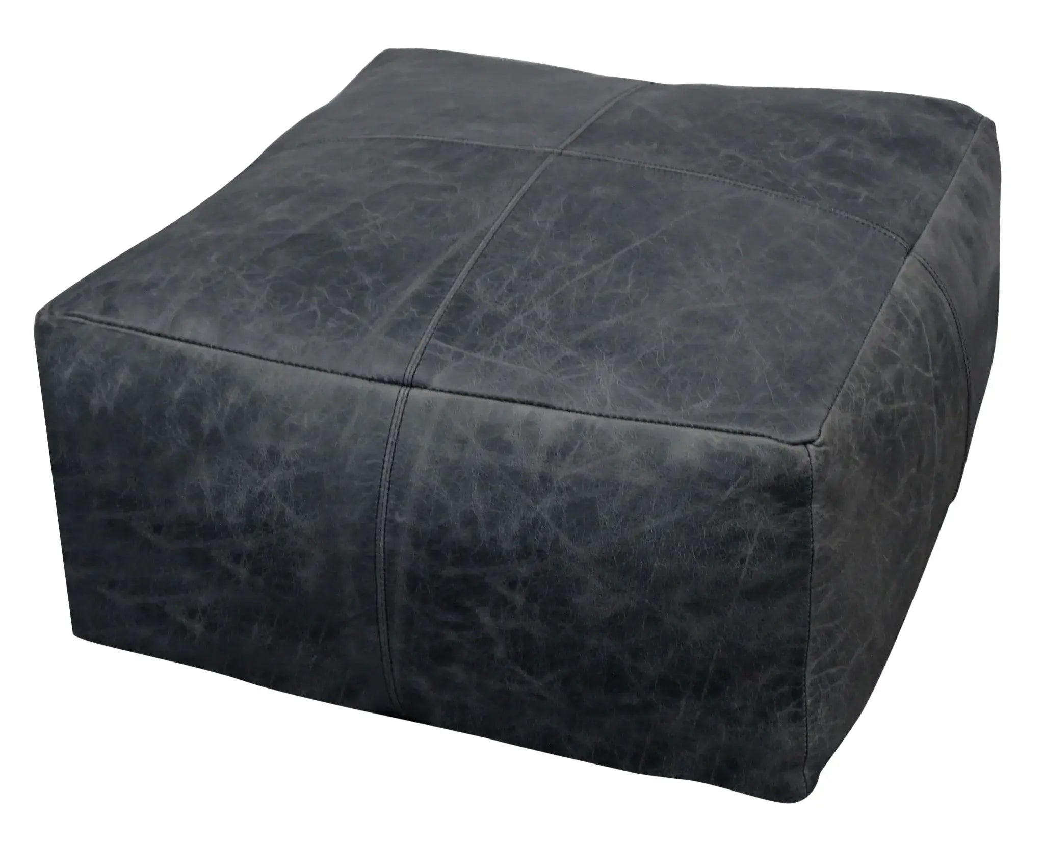 22" Black Distressed Leather Pouf Ottoman - Homeroots - Flyclothing LLC