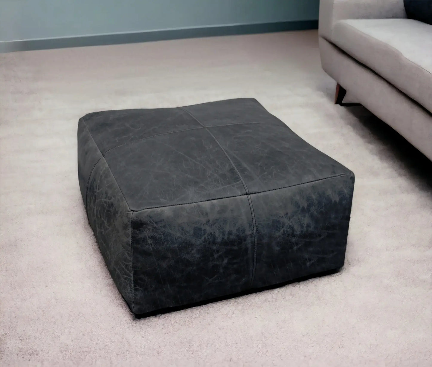 22" Black Distressed Leather Pouf Ottoman - Homeroots - Flyclothing LLC