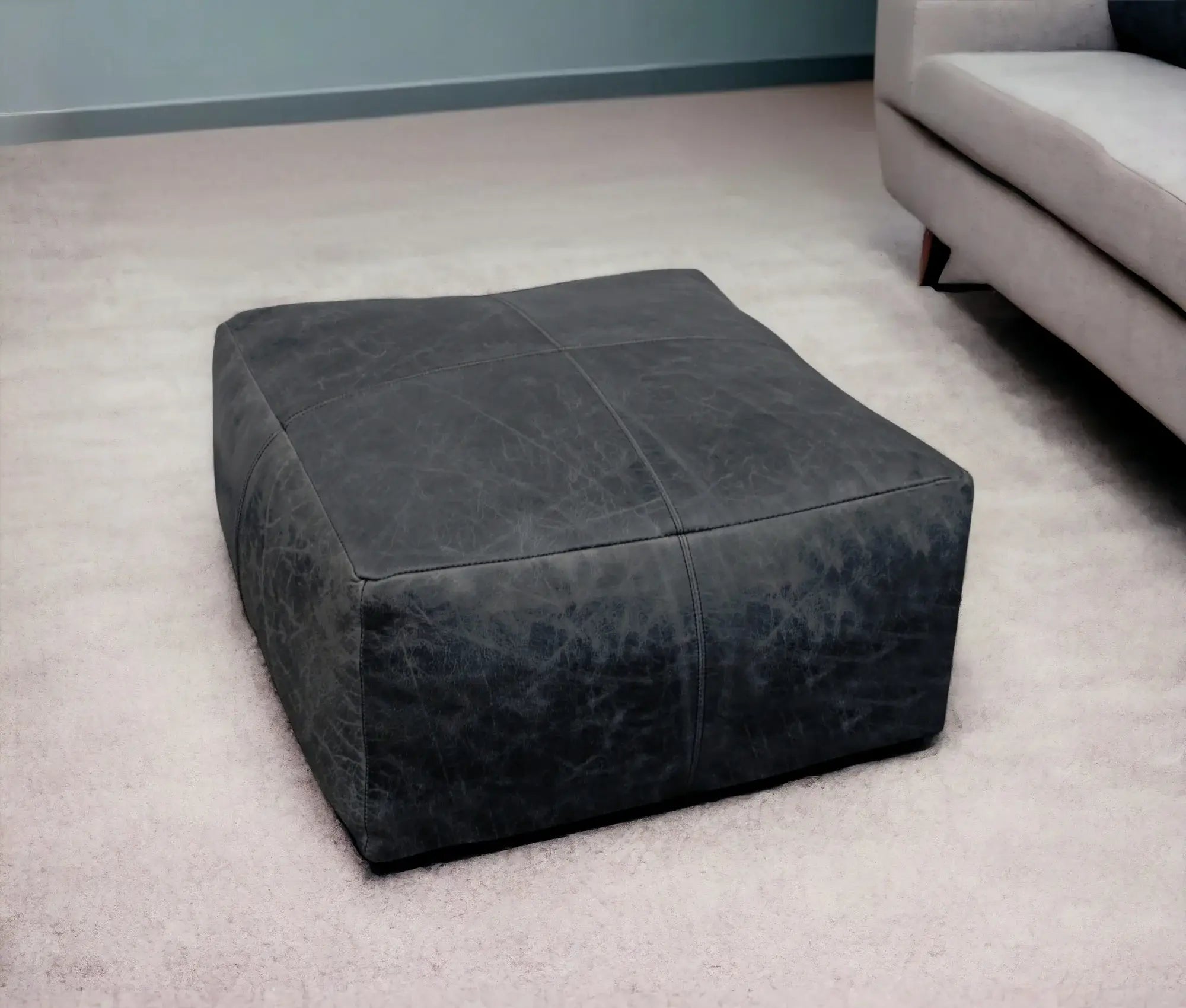 22" Black Distressed Leather Pouf Ottoman - Homeroots - Flyclothing LLC