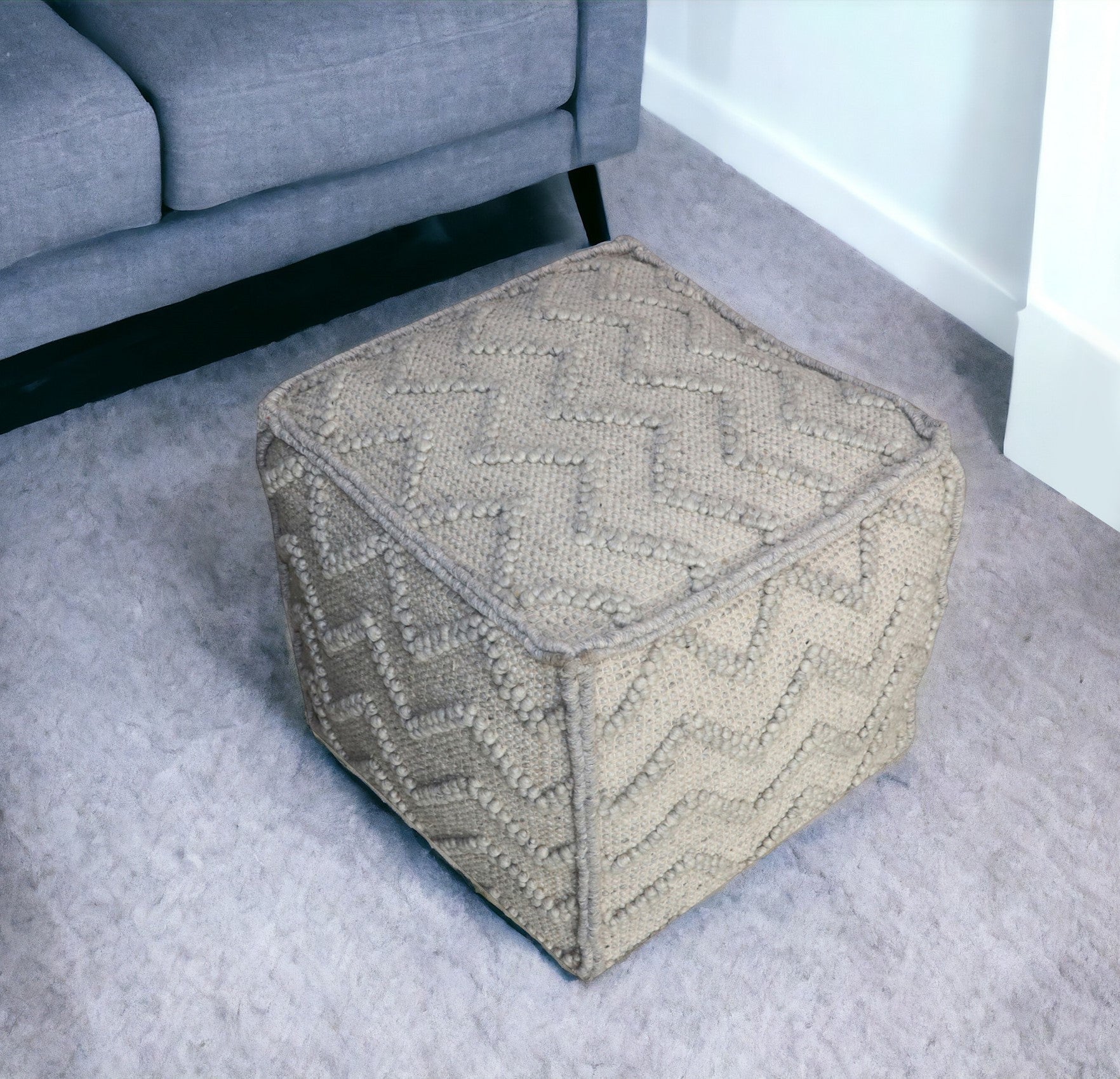 18" Gray Wool Cotton Blend Cube Chevron Pouf Ottoman - Homeroots - Flyclothing LLC