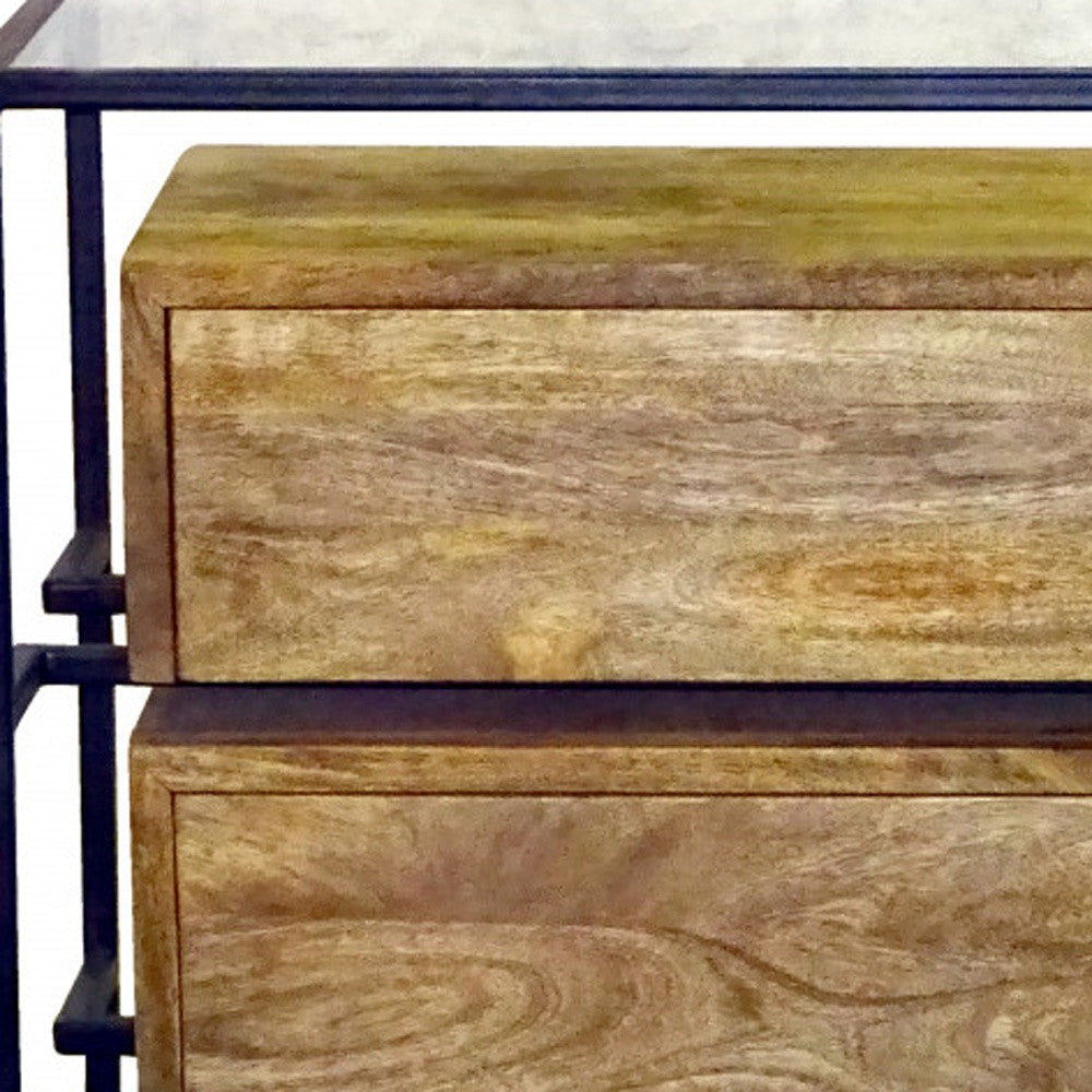 28" Natural Solid Wood and Glass Two Drawer Nightstand
