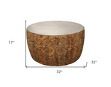 32" White And Natural Iron And Solid Wood Round Coffee Table - Homeroots - Flyclothing LLC