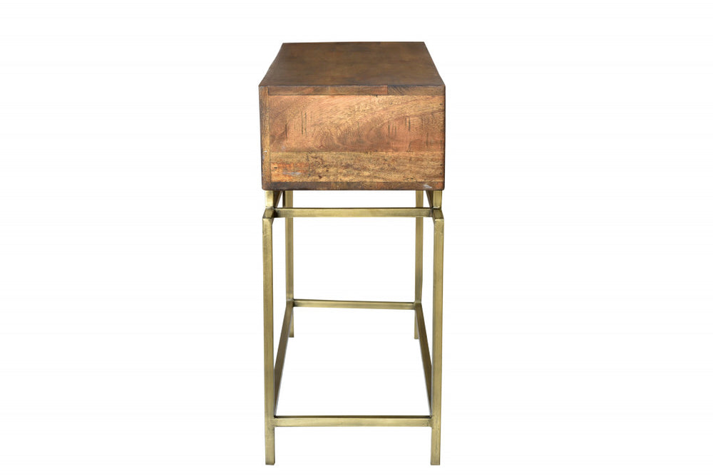 36" Brown and Brass Solid Wood Distressed Frame Console Table With Storage - Homeroots - Flyclothing LLC