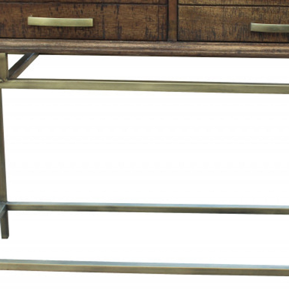 36" Brown and Brass Solid Wood Distressed Frame Console Table With Storage - Homeroots - Flyclothing LLC