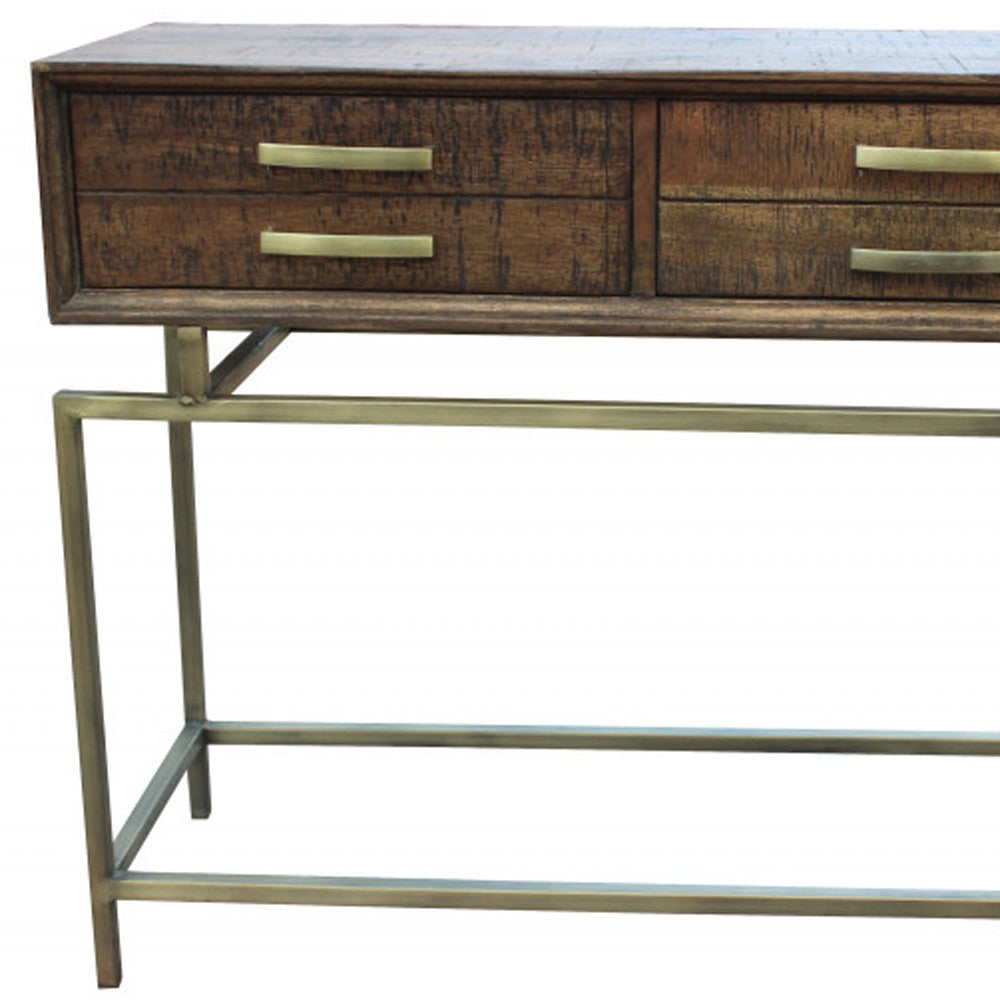 36" Brown and Brass Solid Wood Distressed Frame Console Table With Storage - Homeroots - Flyclothing LLC