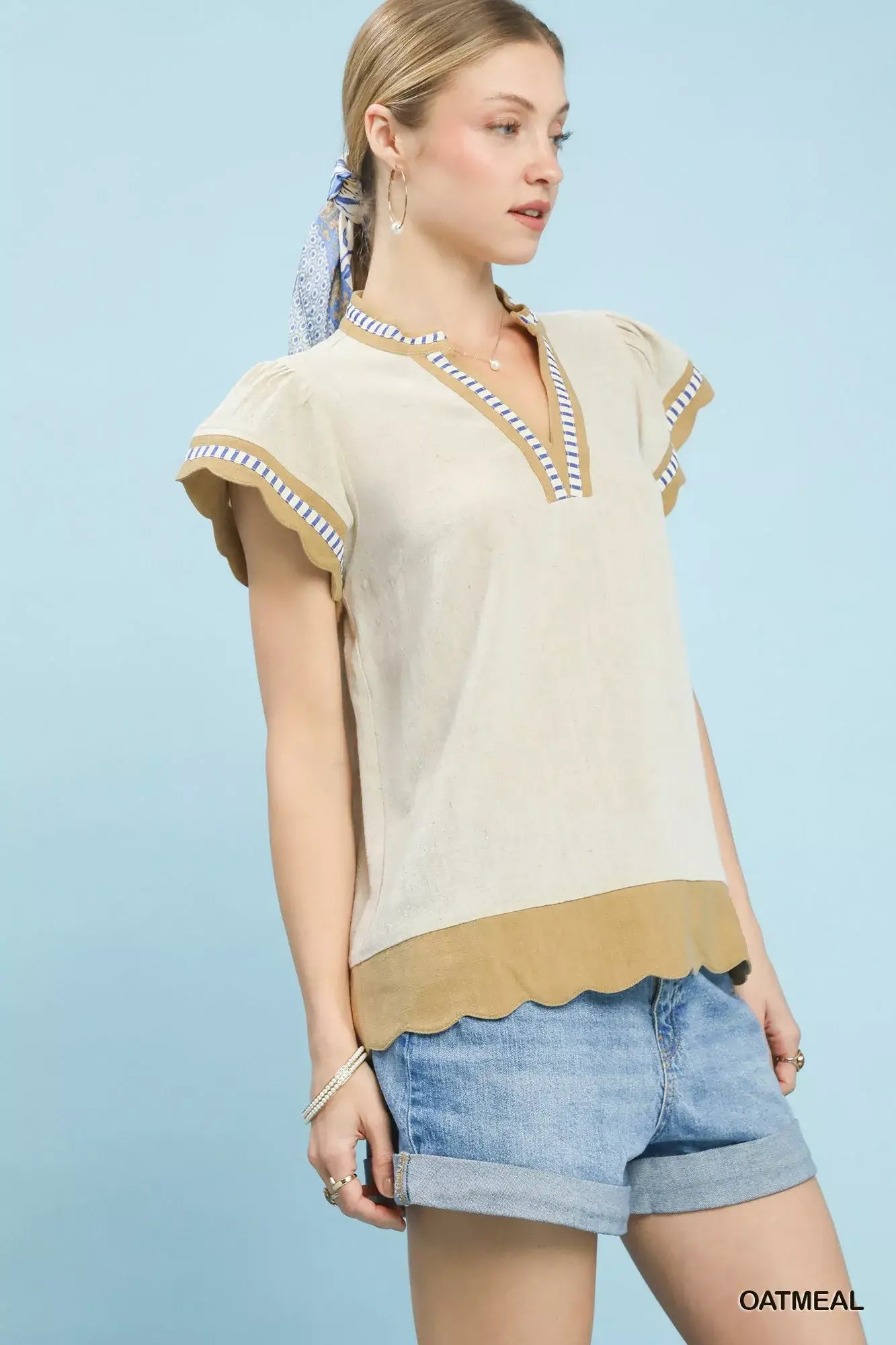 Umgee Contrast Scallop Trim Top - Trendsi - Flyclothing LLC
