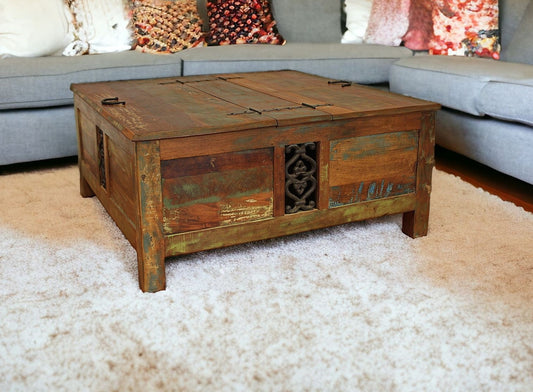 40" Rustic Brown Reclaimed Wood Square Lift Top Coffee Table - Homeroots
