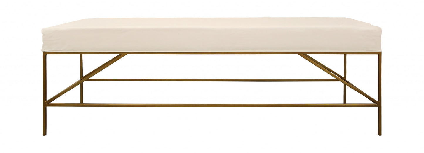 58" Ivory and Gold Upholstered Linen Bench - Homeroots - Flyclothing LLC