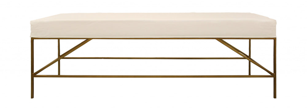 58" Ivory and Gold Upholstered Linen Bench - Homeroots